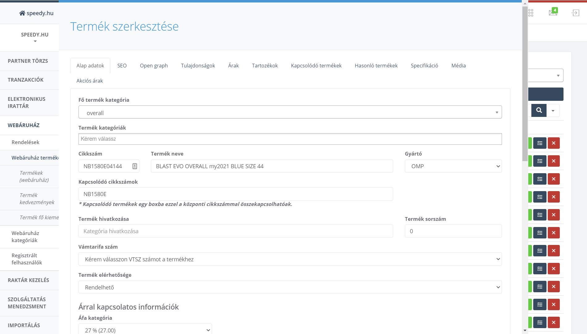 Webshop admin: editing a product with SEO and Open Graph settings (Speedy Racing)