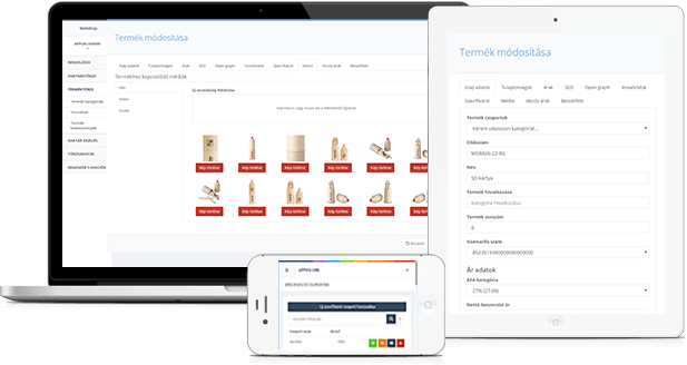 Appon ERP product management screen on a computer, tablet and phone